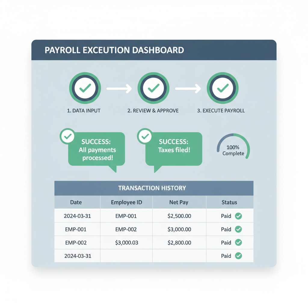 payroll execution dashboard, success notifications, transaction history table