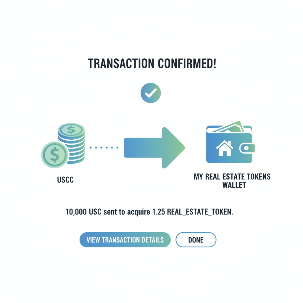 Buying tokenized real estate tokens, transaction confirmation screen, USDC flow to wallet