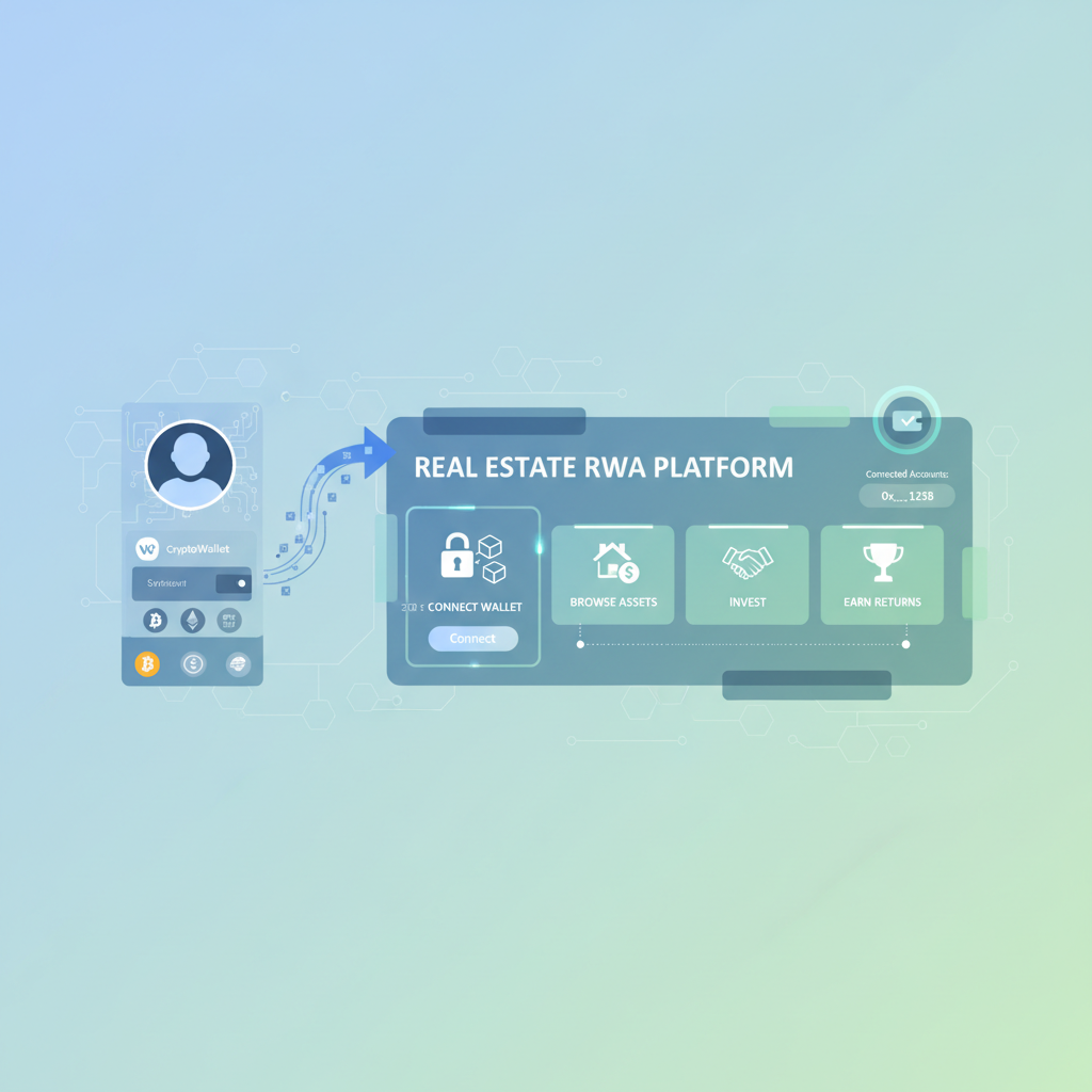 User connecting crypto wallet to Real Estate RWA platform, clean modern UI dashboard, blockchain theme