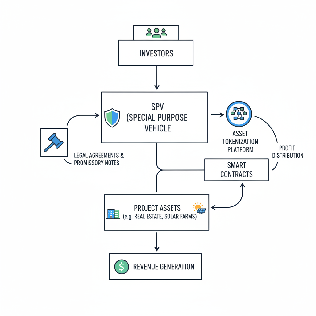 diagram of SPV structure with legal contracts, blockchain icons, gavel, precise flowchart style