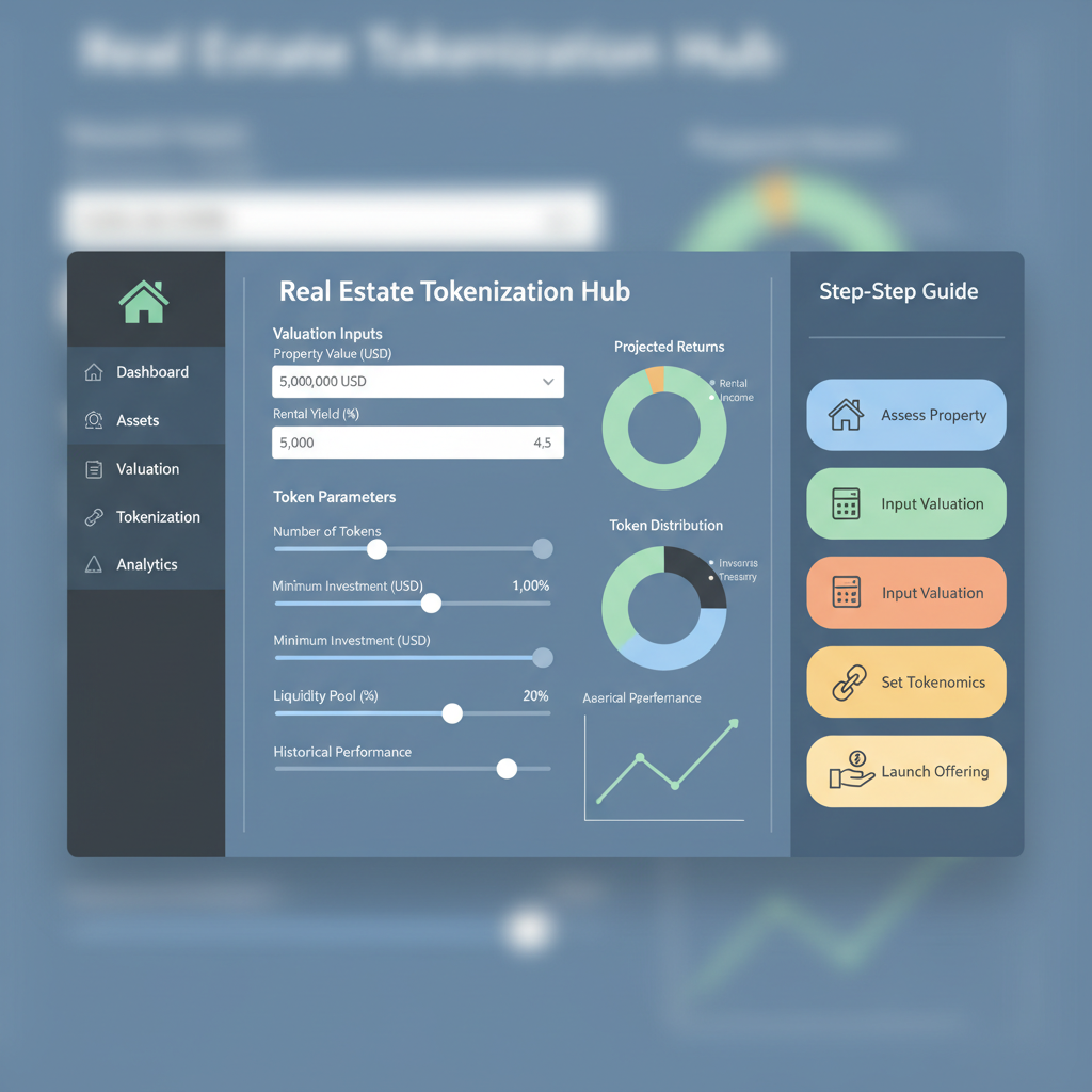 sleek web dashboard for real estate tokenization, valuation inputs, token parameters sliders, charts