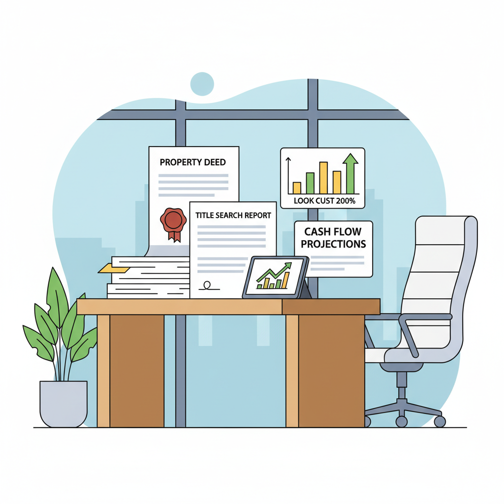 professional desk with property deed, title search report, cash flow charts, clean modern office