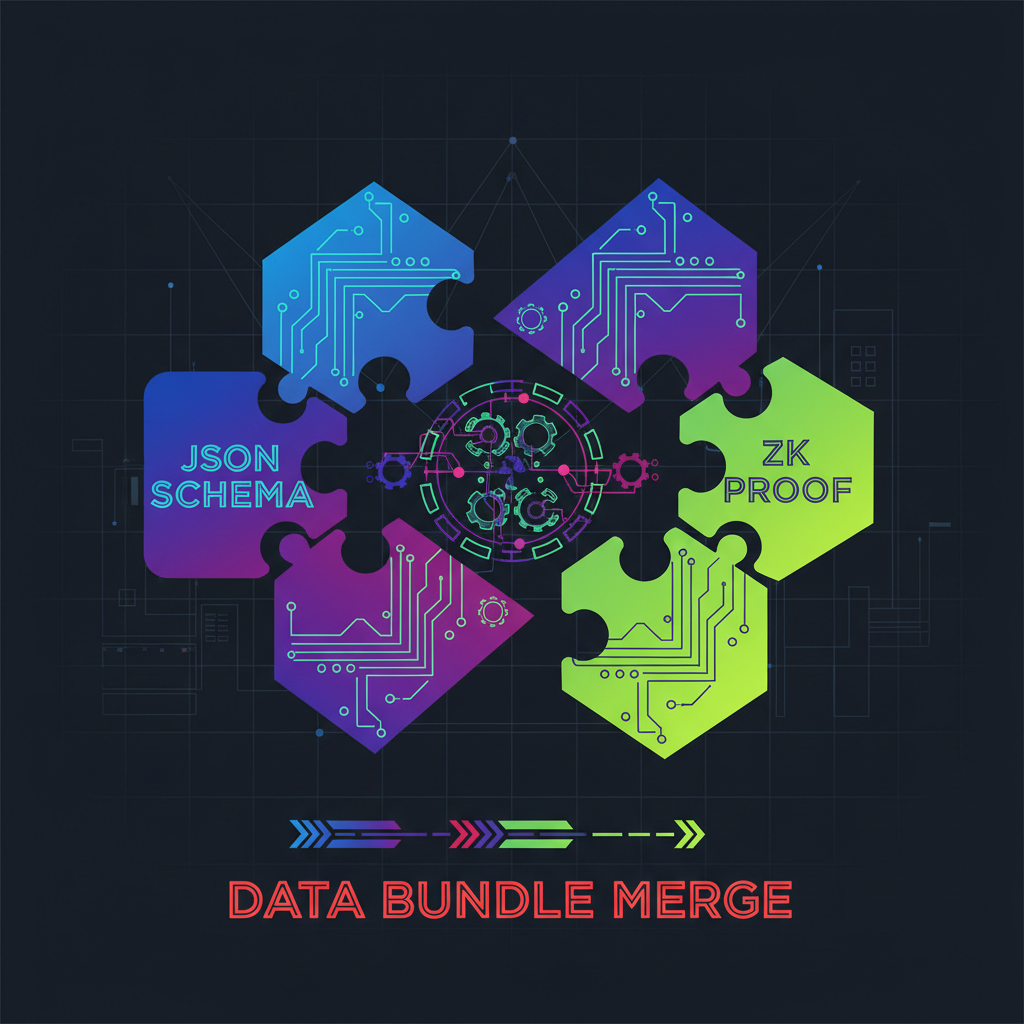 Data bundle merging JSON schema and ZK proof, puzzle pieces connecting, cyberpunk style