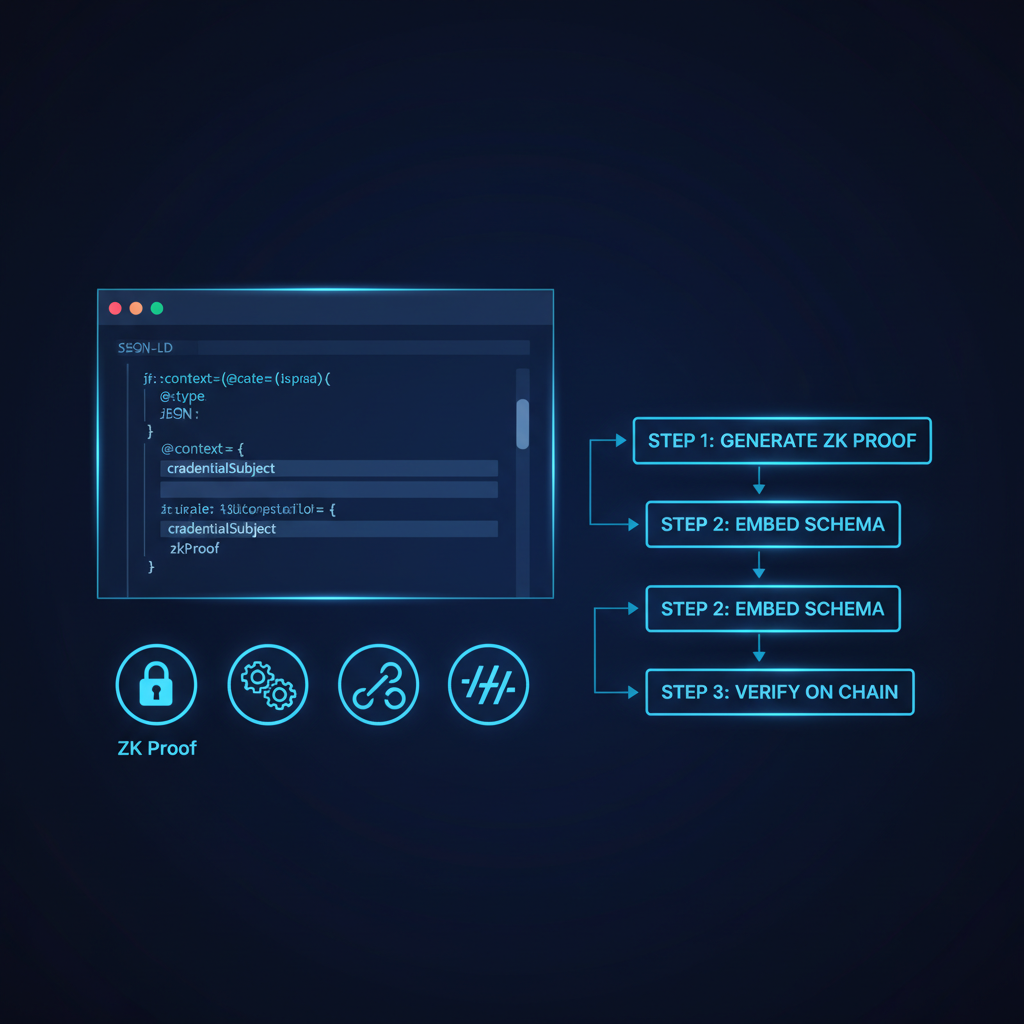 JSON-LD schema code on a futuristic Web3 interface with ZK proof icons, neon blue tones