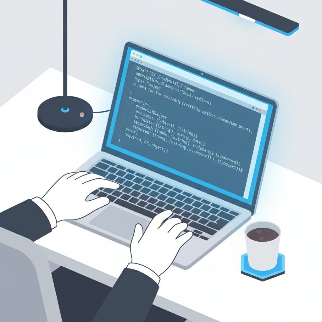 Developer typing JSON schema code for ZK credential on laptop screen, futuristic blue glow, clean desk setup