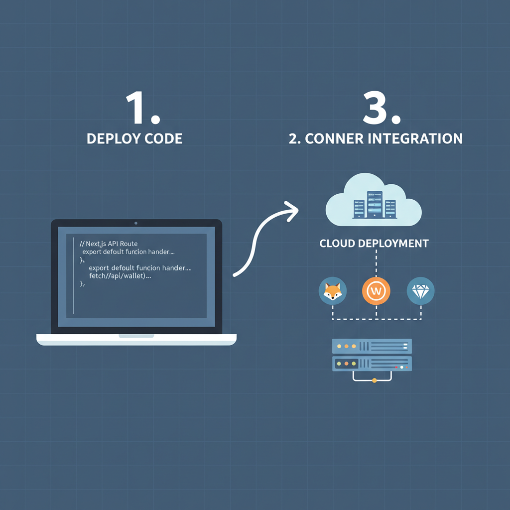 Next.js API code deploying to cloud, wallet icons connecting, server rack background