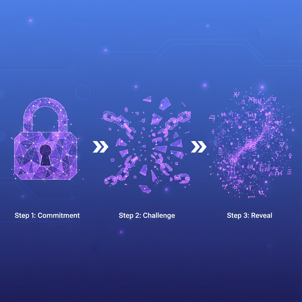 Abstract zero-knowledge proof visualization, locks and chains breaking, purple cryptographic patterns