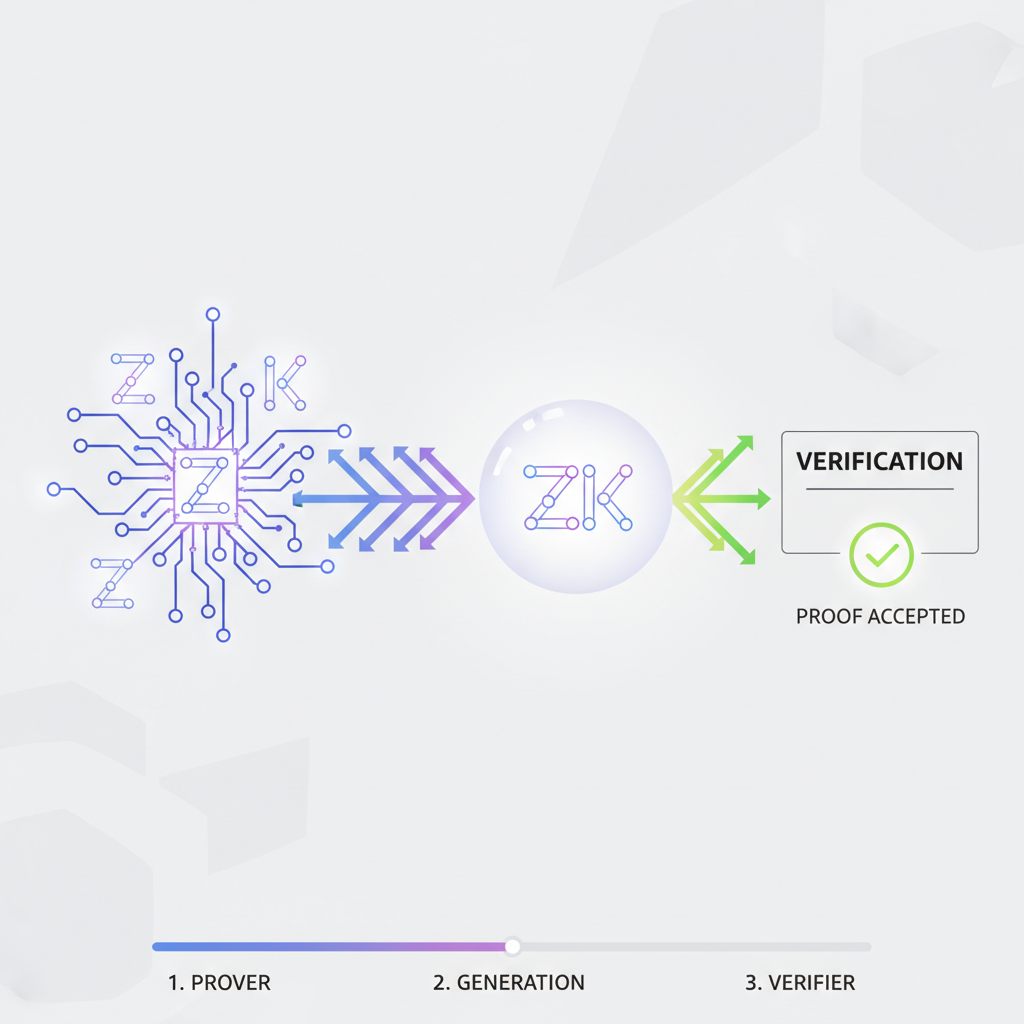 Zero-knowledge proof generation visualization, abstract math circuits glowing, ZK symbols