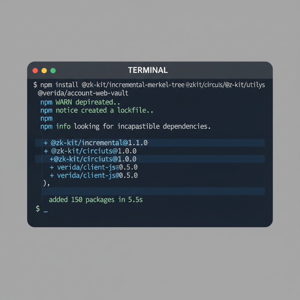 Terminal window installing npm packages like zk-kit and Verida SDK, code scrolling, dark mode
