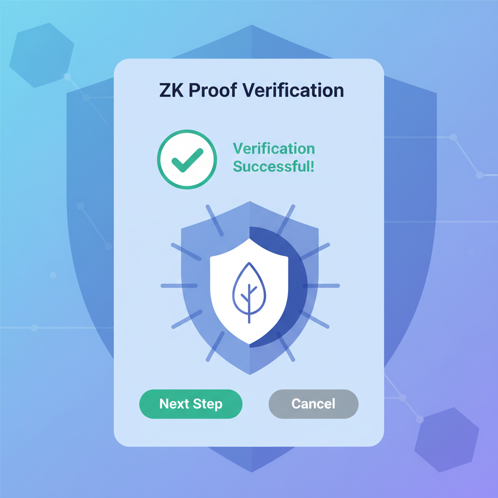 dApp interface requesting ZK proof verification, checkmark success, privacy shield overlay