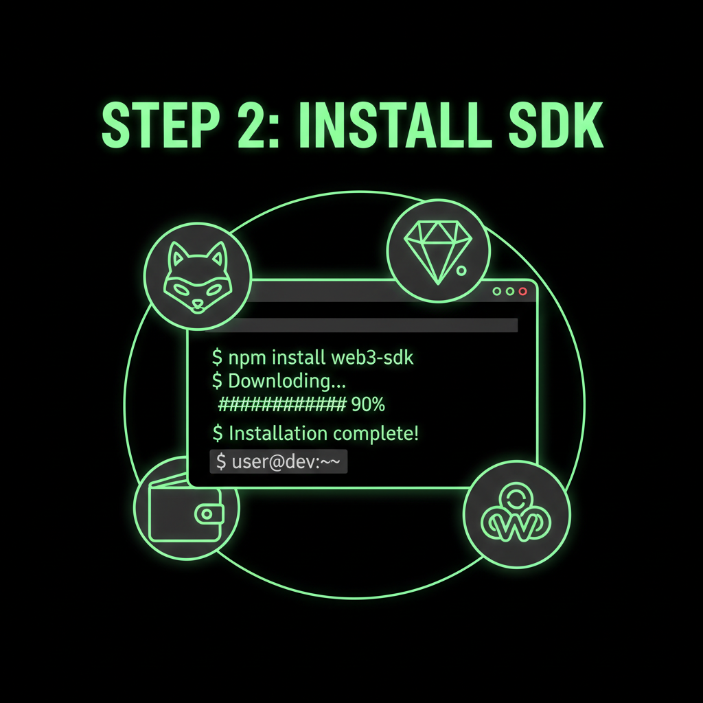 Code terminal installing SDK, Web3 wallet icons floating, neon green text on black background