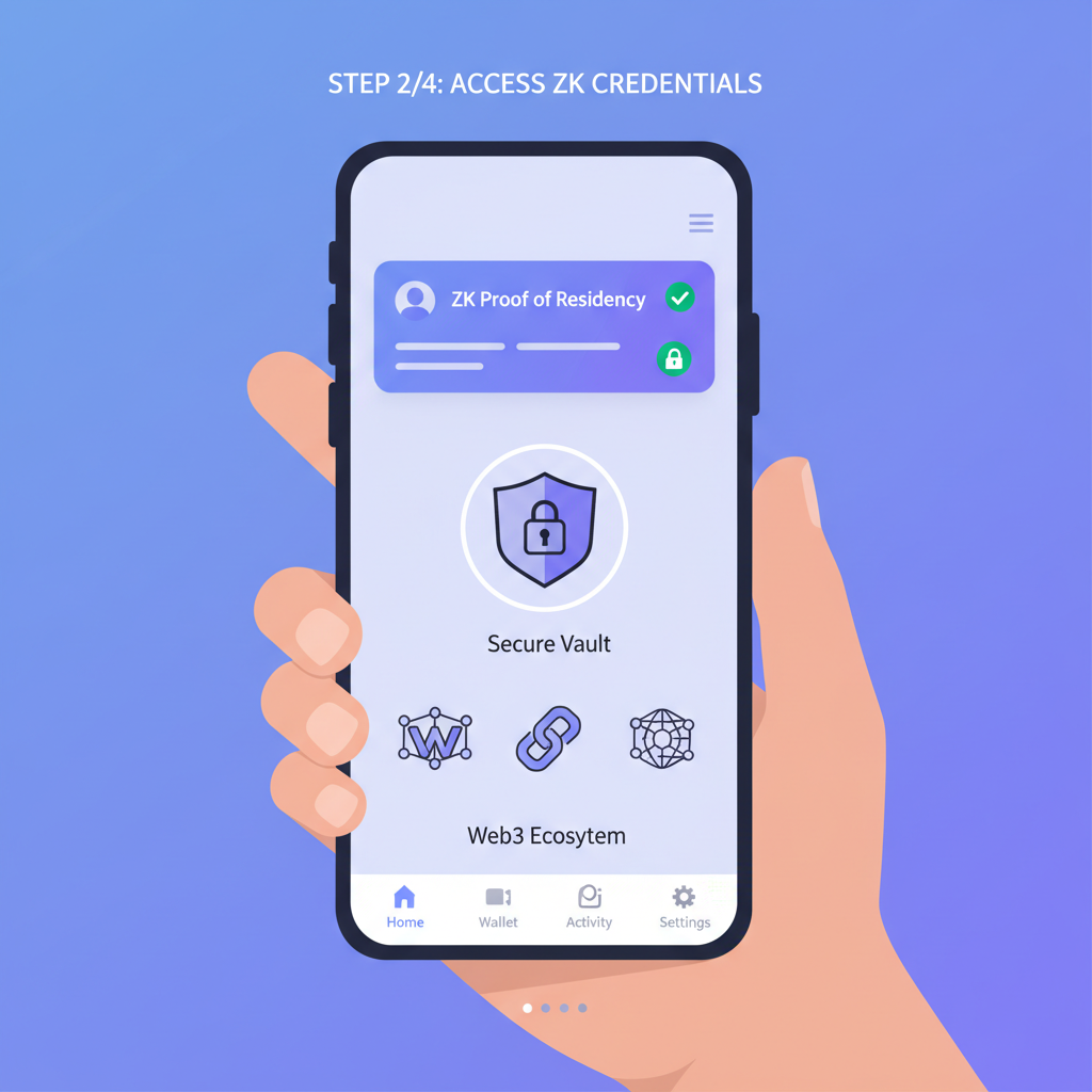 Mobile wallet app screen showing stored ZK credential, secure vault icon, Web3 logos