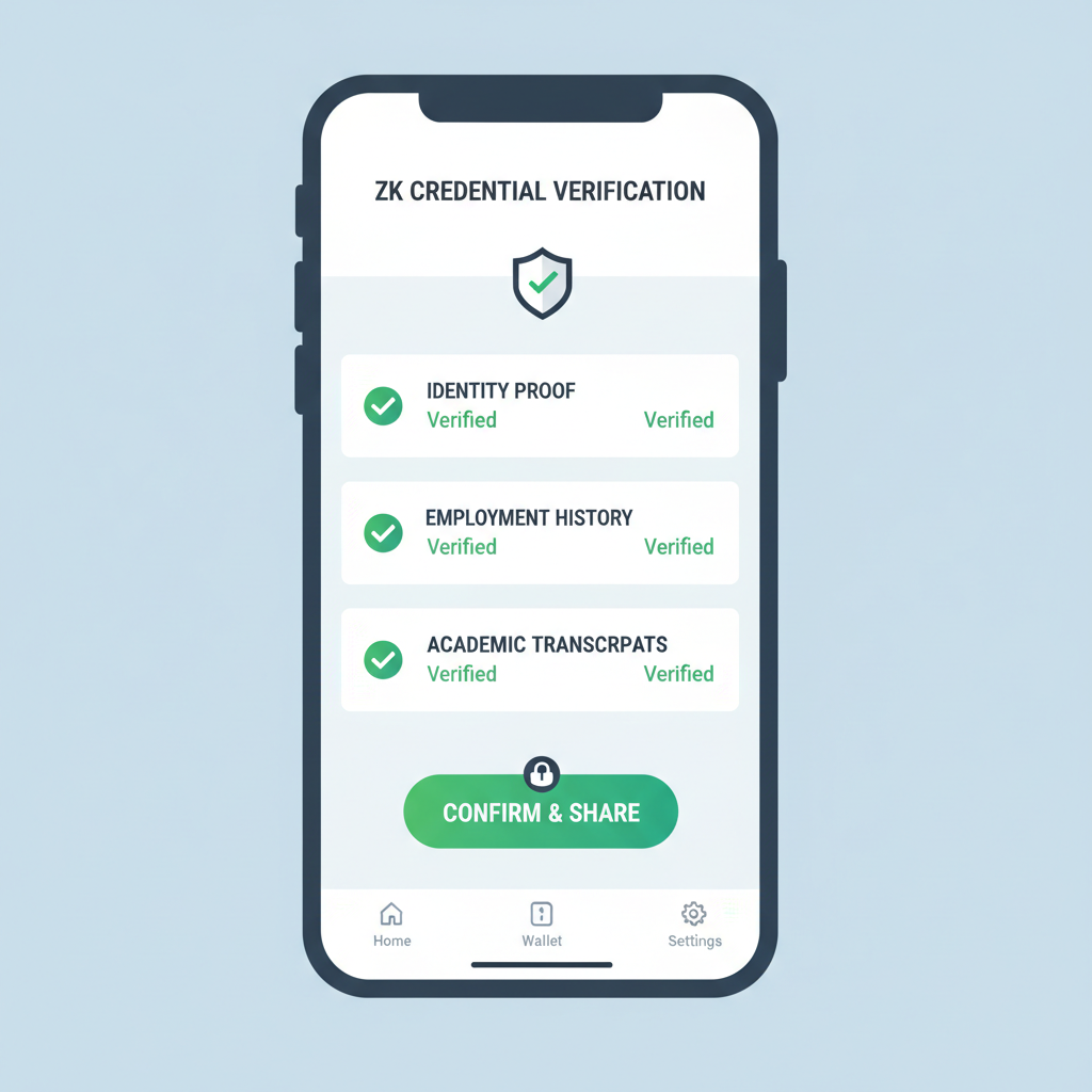 Web3 wallet interface displaying ZK credential, verification checkmarks, mobile screen