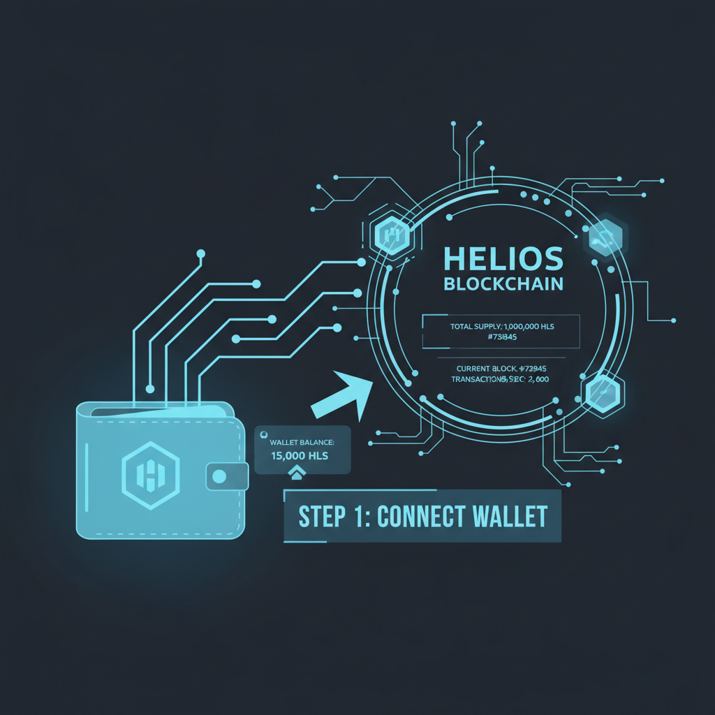 sleek futuristic wallet interface connecting to Helios blockchain dashboard glowing blue