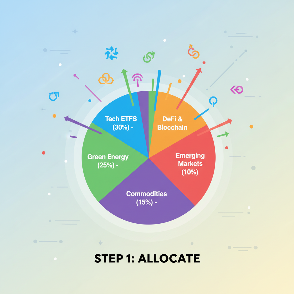 vibrant pie chart of ETF allocations on Helios with cross-chain icons exploding