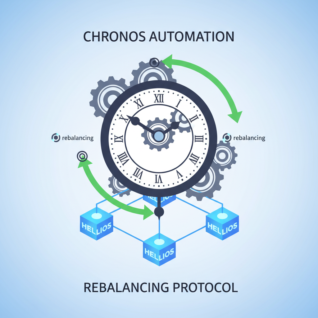 Chronos clock automation gears turning on Helios blockchain with rebalancing arrows