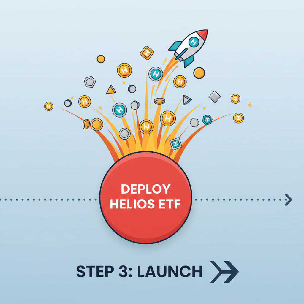 explosive launch button deploying Helios ETF with tokens flying out