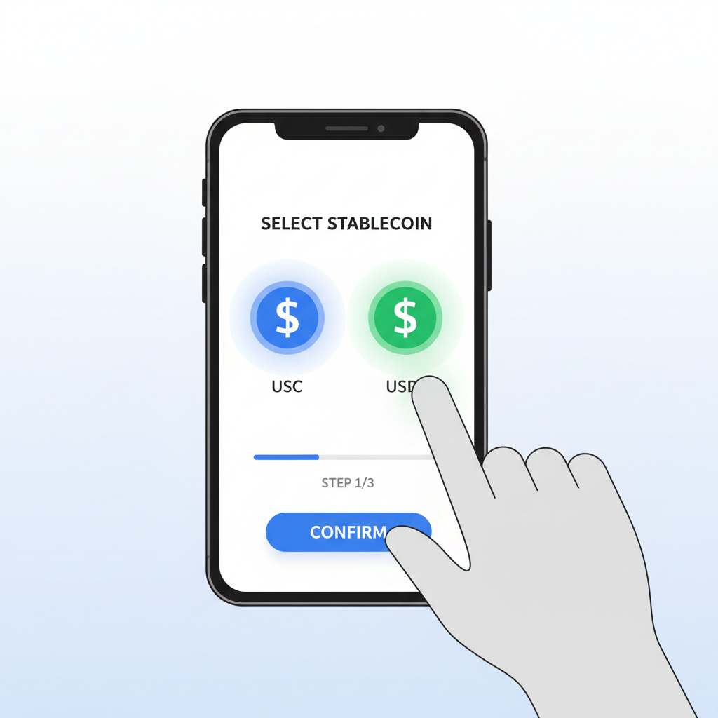 mobile screen selecting USDC USDT icons, stablecoin logos glowing, clean UI