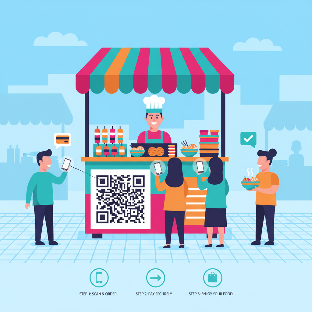 vibrant street vendor stall with large QR code displayed, customers scanning