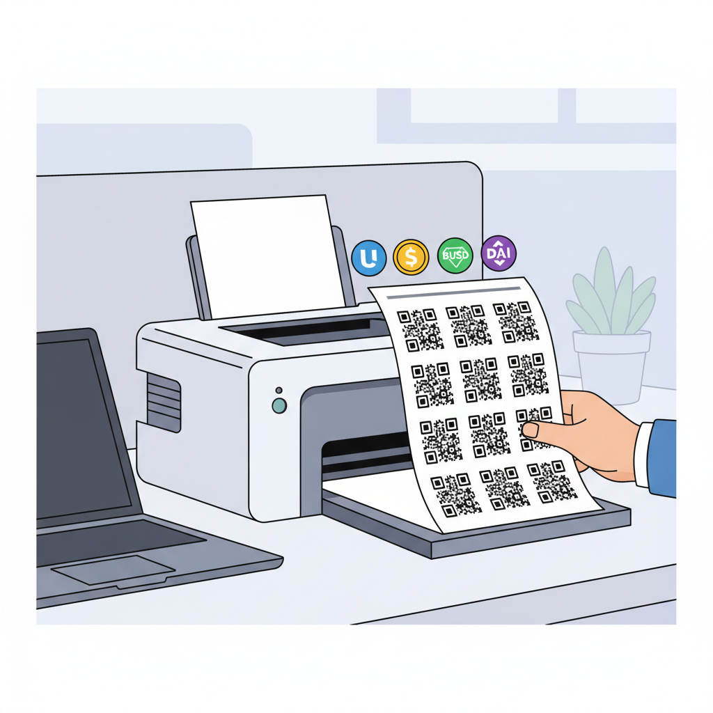 printer outputting QR code sheet, stablecoin icons, professional setup