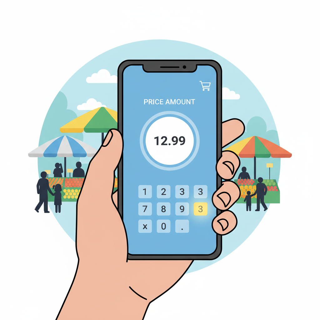 vendor setting price amount on app interface, market background, simple graphic