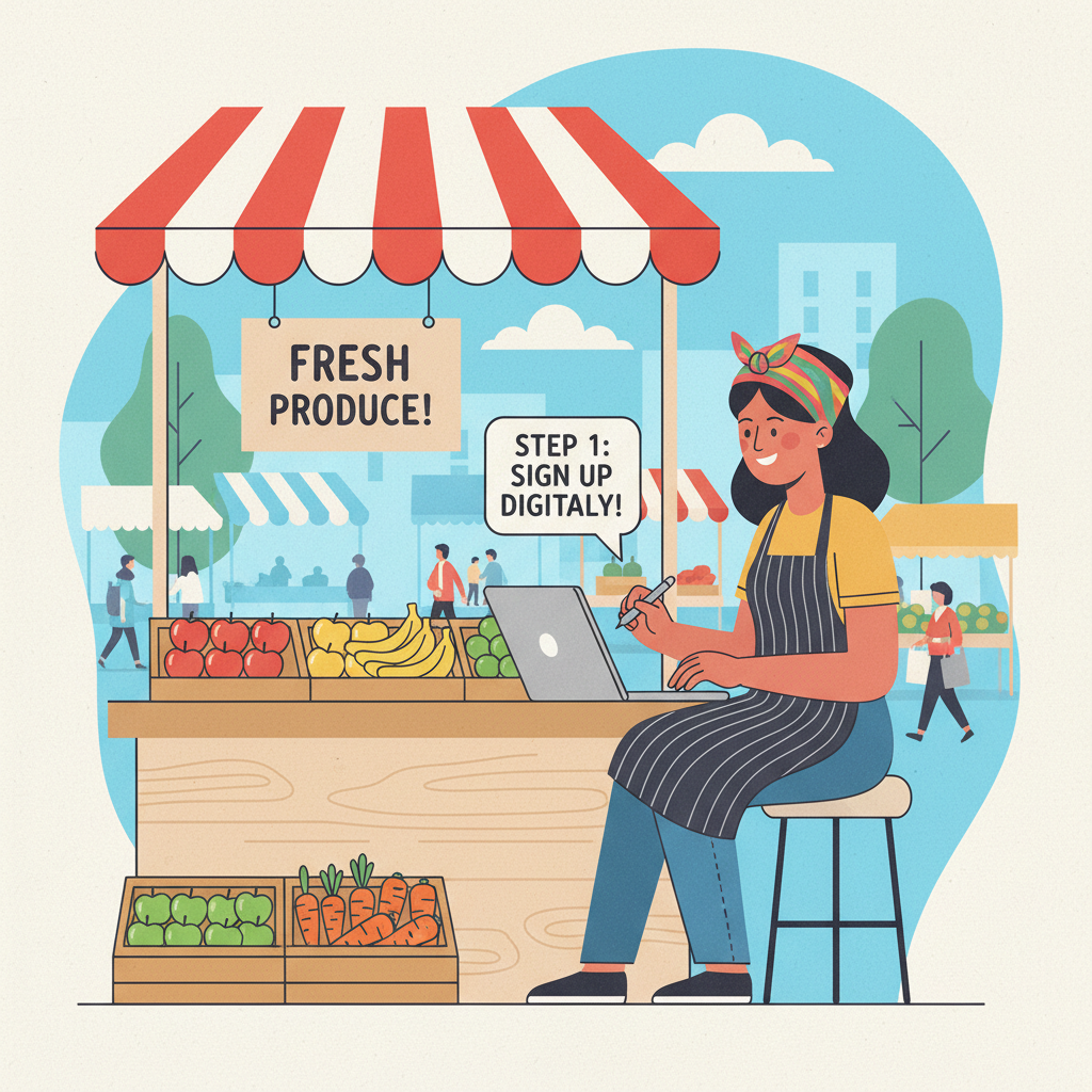 street vendor at market stall signing up on laptop, colorful outdoor scene, realistic