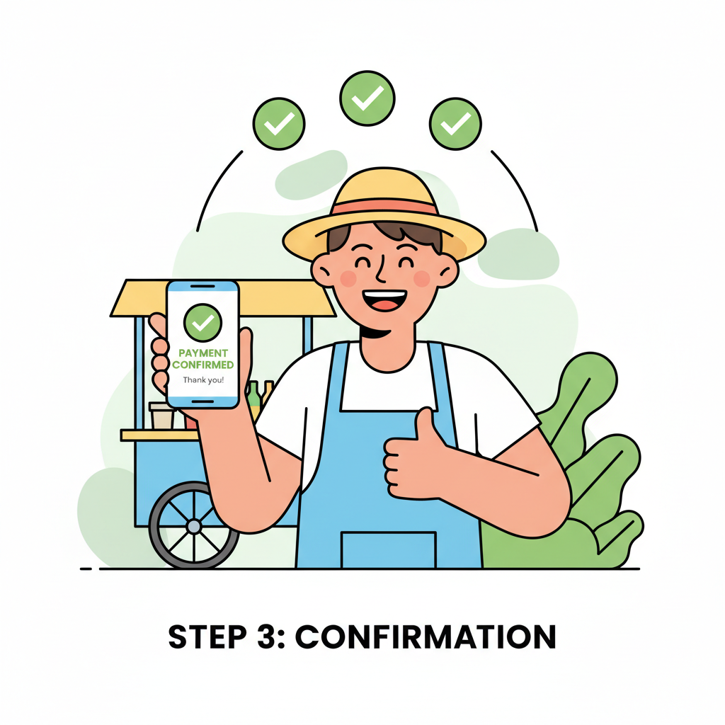 vendor checking phone for payment confirmation, green checkmarks, happy expression