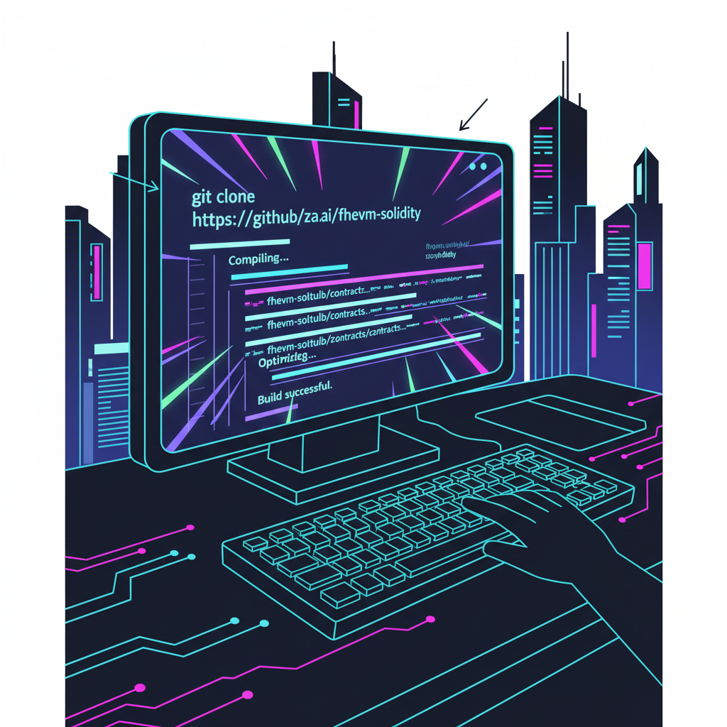 Developer terminal cloning GitHub repo zama-ai fhevm-solidity and compiling, neon cyberpunk code glow