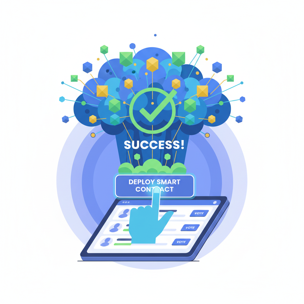 Deploying smart contract button press, blockchain explosion success, voting app interface