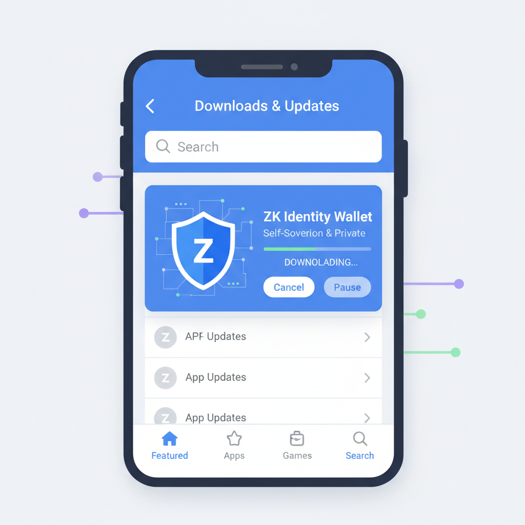 smartphone app store screen downloading zk identity wallet app Self or zkPass, modern UI, blue privacy shield icon