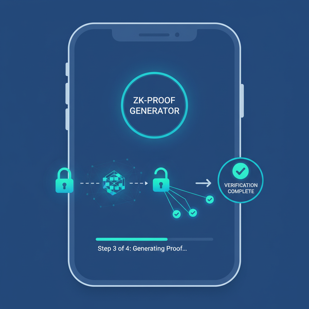 app screen generating zero-knowledge proof, abstract cryptographic proofs with locks opening to checkmarks, vibrant blues