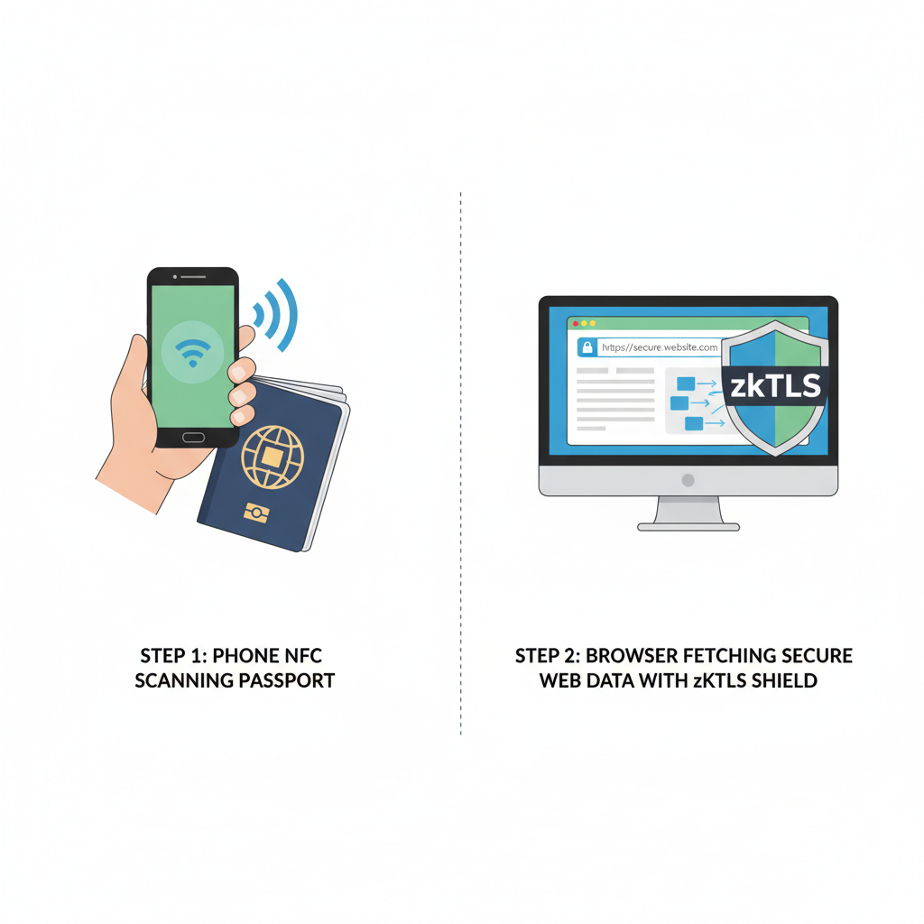 split image: left phone NFC scanning passport, right browser fetching secure web data with zkTLS shield