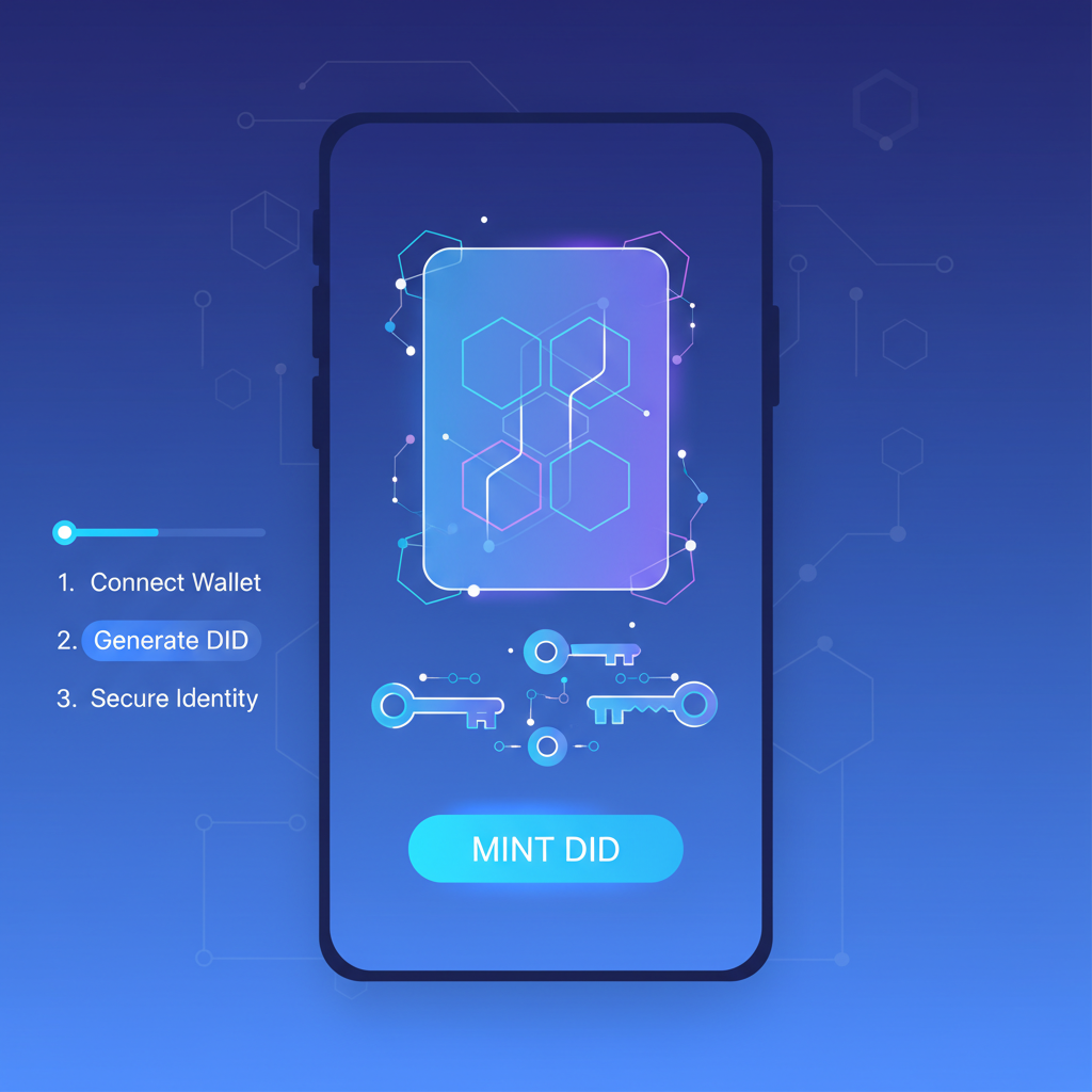 mobile app interface creating DID, futuristic digital identity card forming, glowing keys and chains
