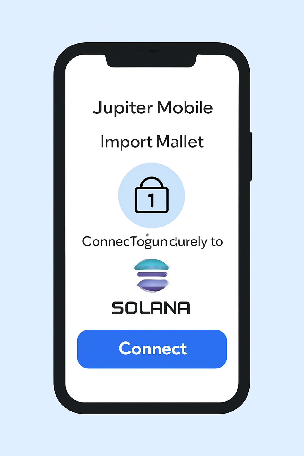 A phone displaying the Jupiter Mobile app interface, with the wallet import process highlighted, showing a secure connection symbol and Solana branding.