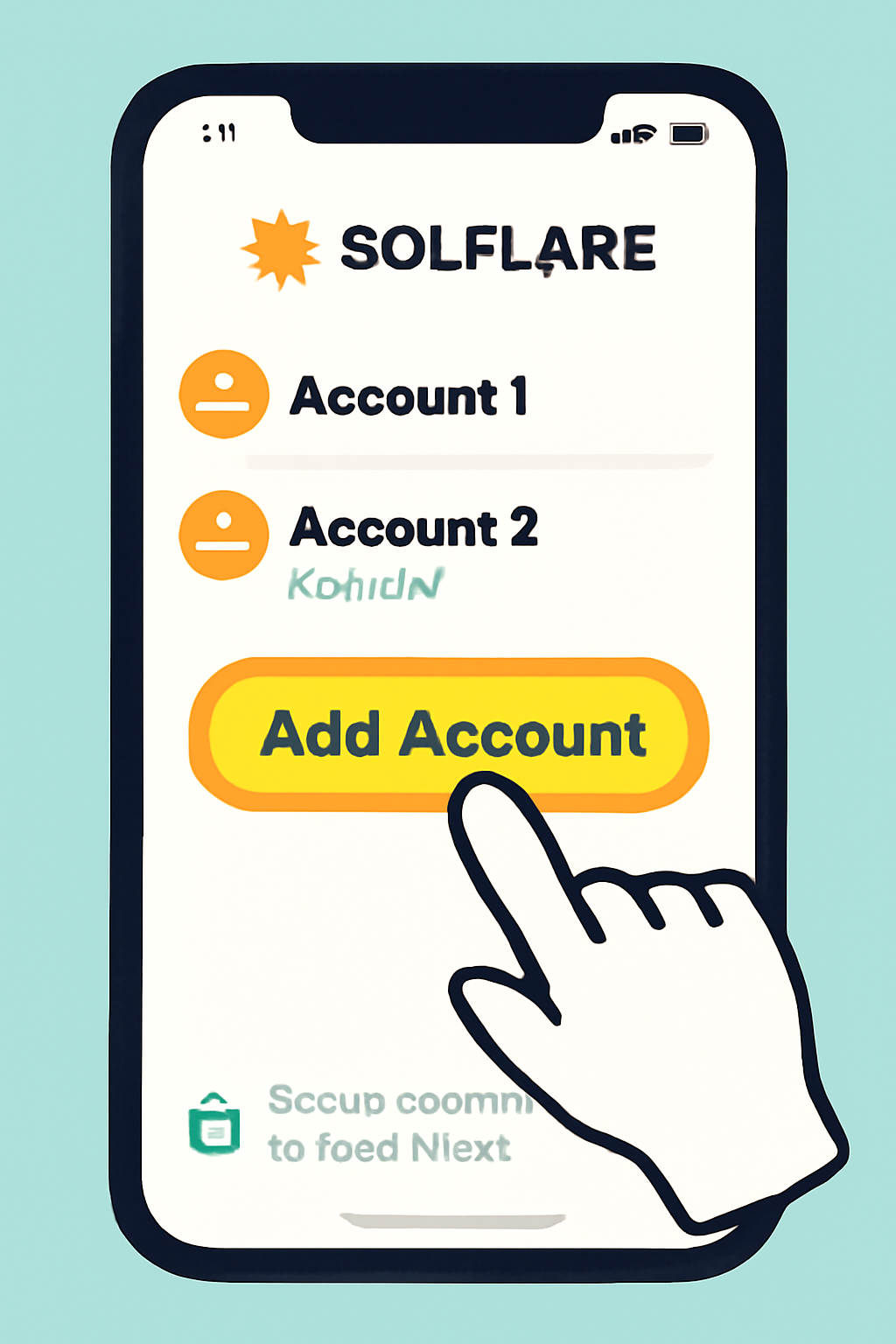 A smartphone screen displaying the Solflare wallet app, with a highlighted 'Add Account' button and a secure connection to Seed Vault, in a bright, friendly style.