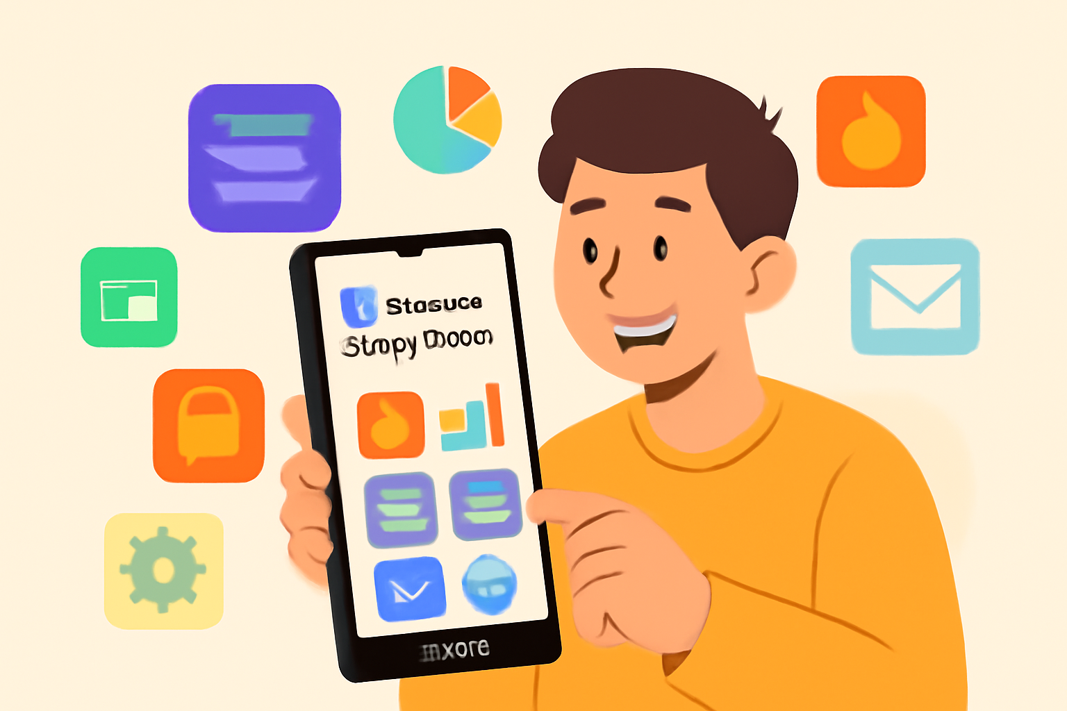 A cheerful user browsing the Solana dApp Store on a Saga phone, surrounded by colorful app icons and the Solana logo, modern and inviting.