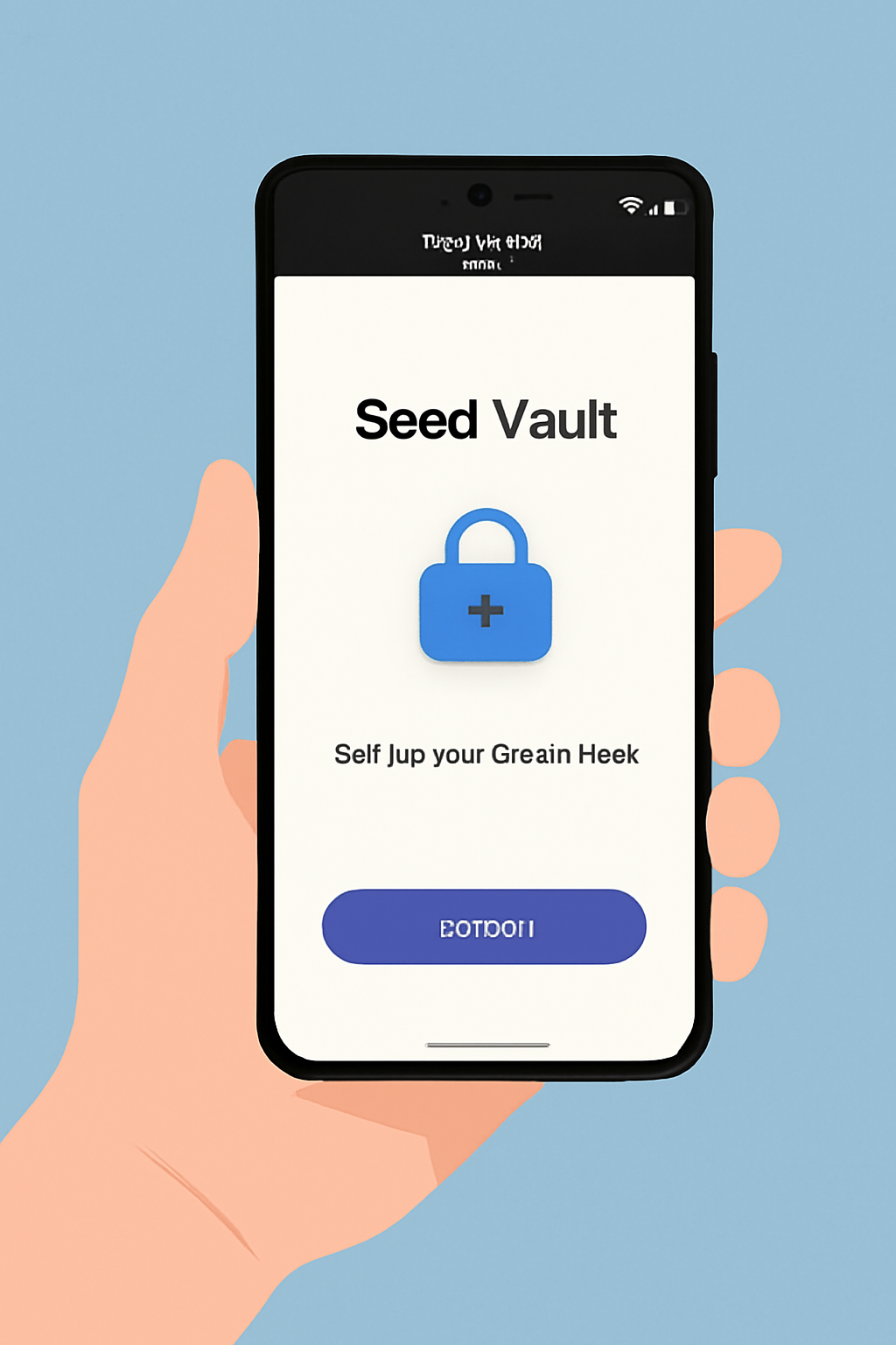 A hand holding a Solana Saga phone, showing the Seed Vault setup screen with a secure lock icon, modern UI, and a soft blue background.