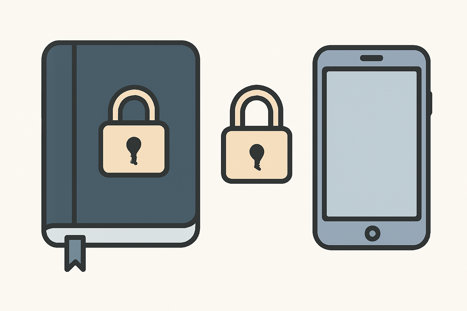 A closed notebook and a lock next to a smartphone, symbolizing secure offline backup of a seed phrase, with a reassuring, simple style.