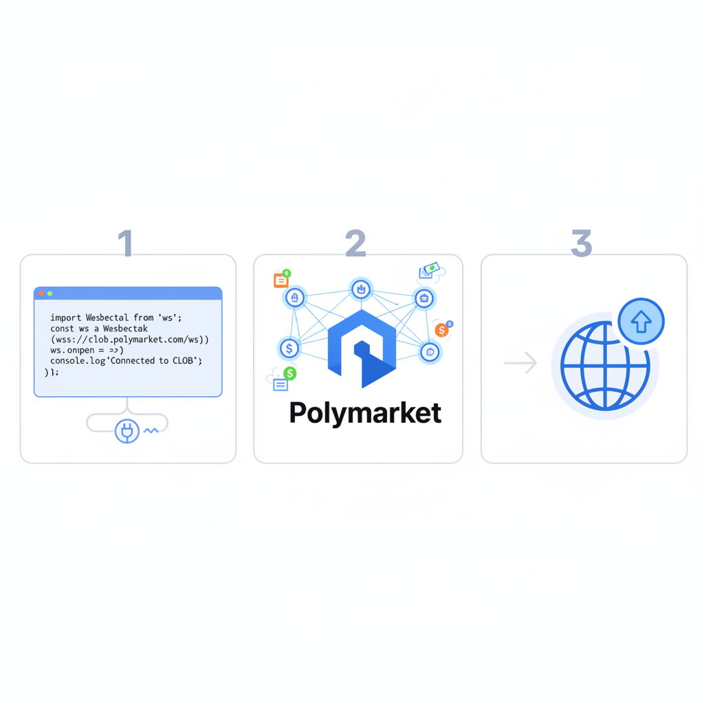 code snippet connecting to WebSocket CLOB, network graph with Polymarket logo