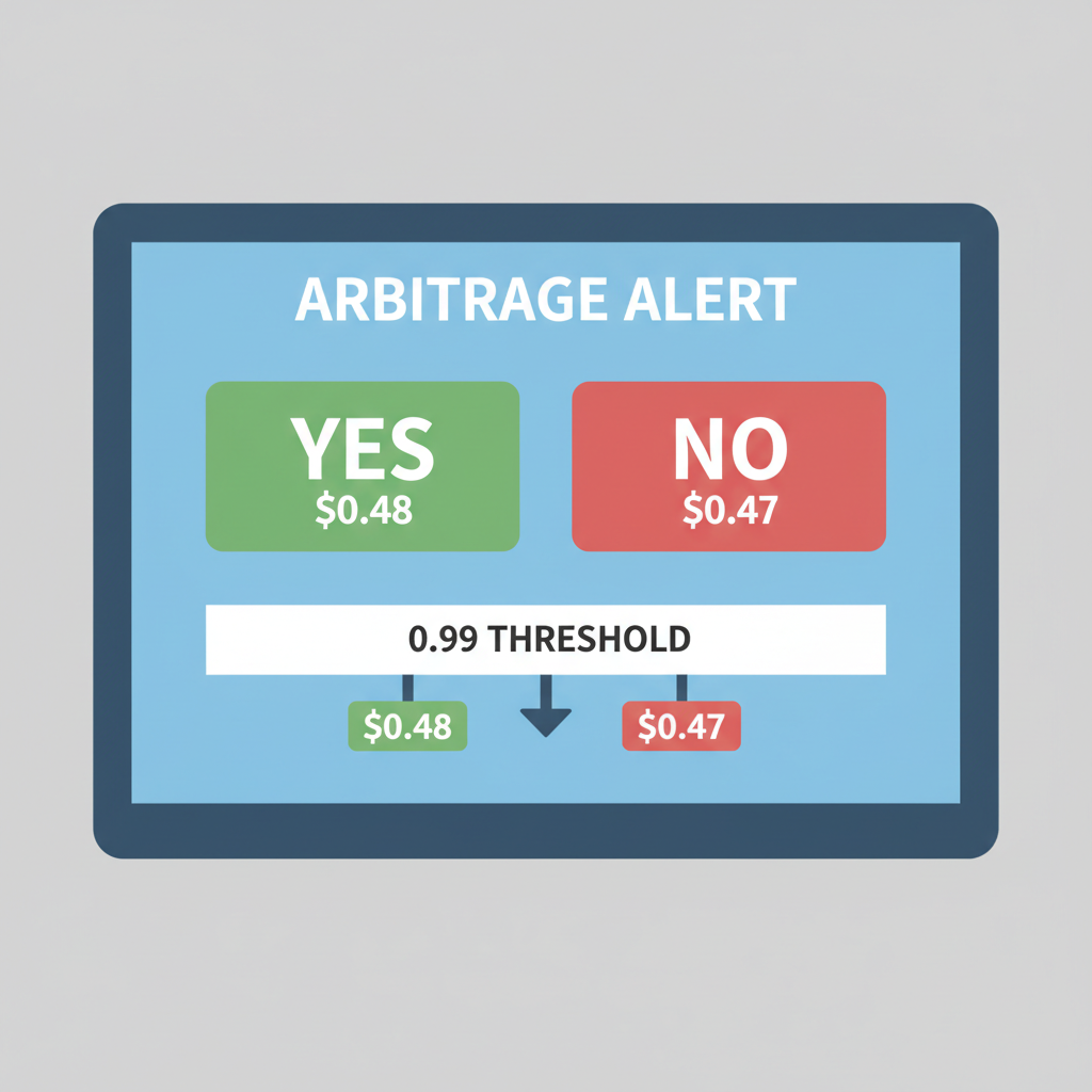 arbitrage alert screen showing YES $0.48 NO $0.47 under 0.99 threshold