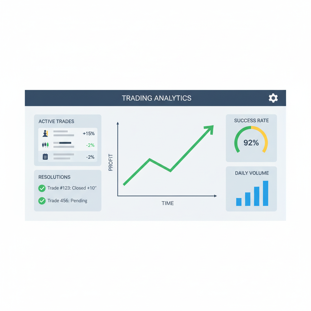 dashboard monitoring trades and resolutions, profit graph rising