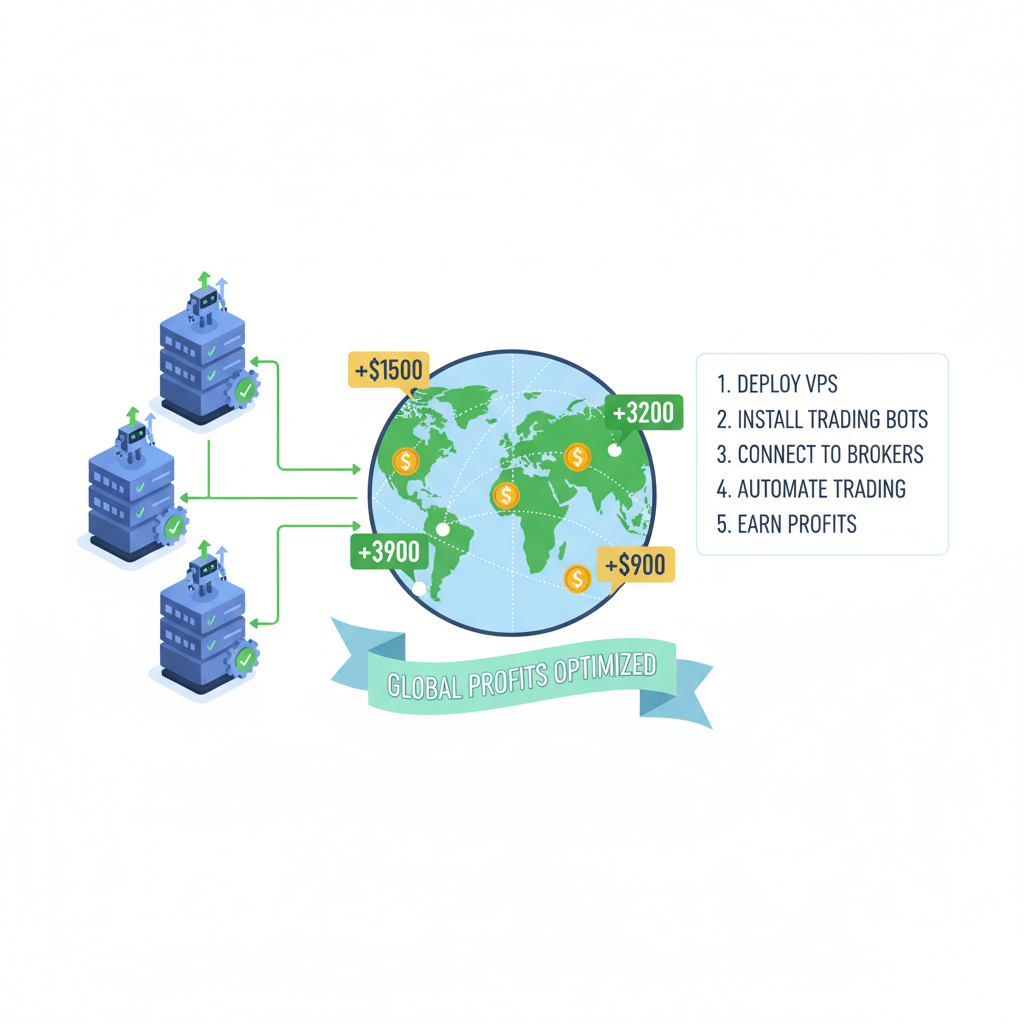 multiple VPS servers running trading bots, global network map with profits