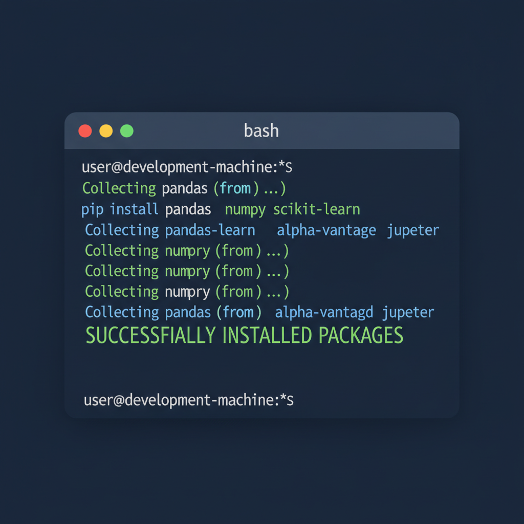 developer terminal installing Python libraries for trading bot, clean code screen