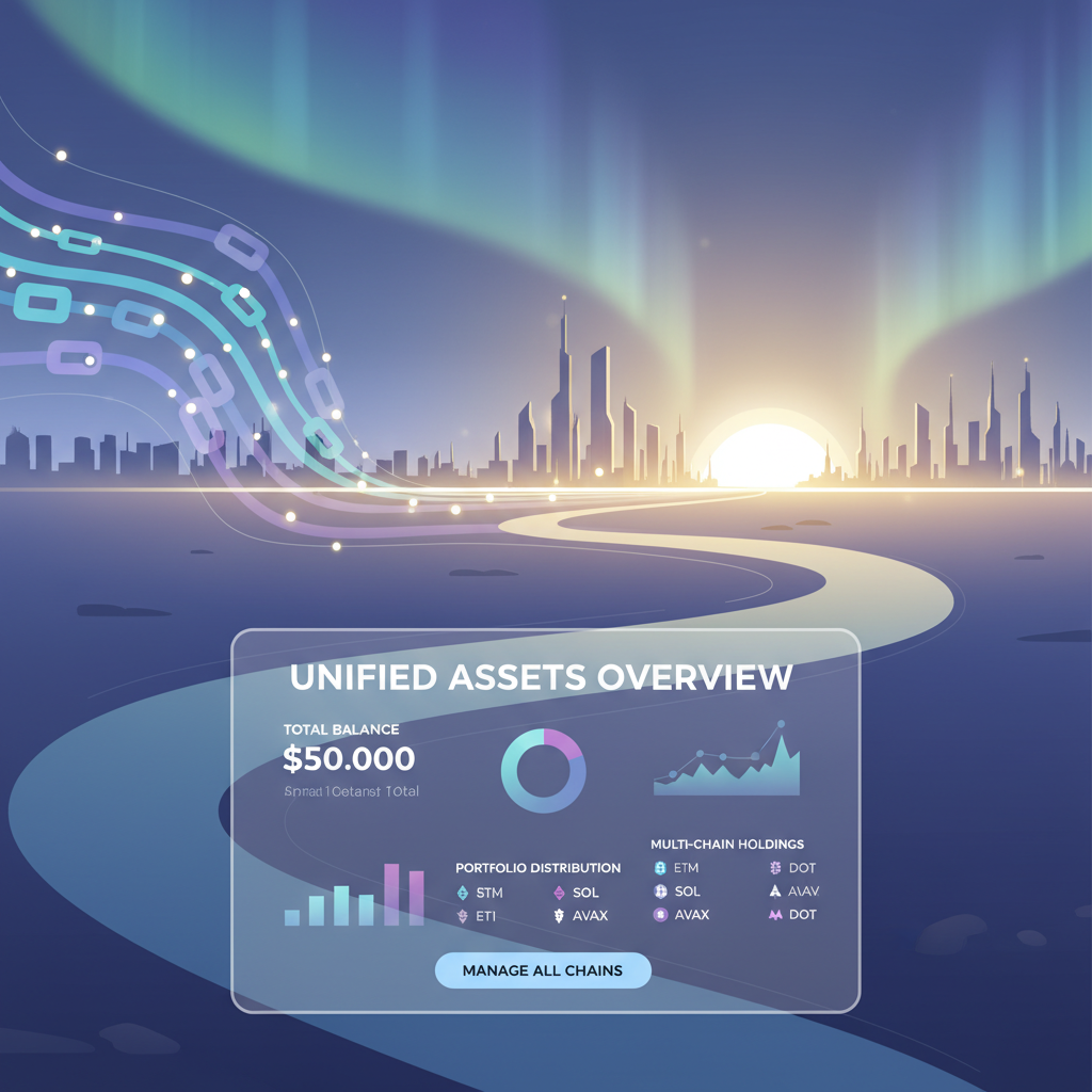 unified wallet dashboard spanning multiple chains as one, abstract chains merging into single horizon, inspirational futuristic vista