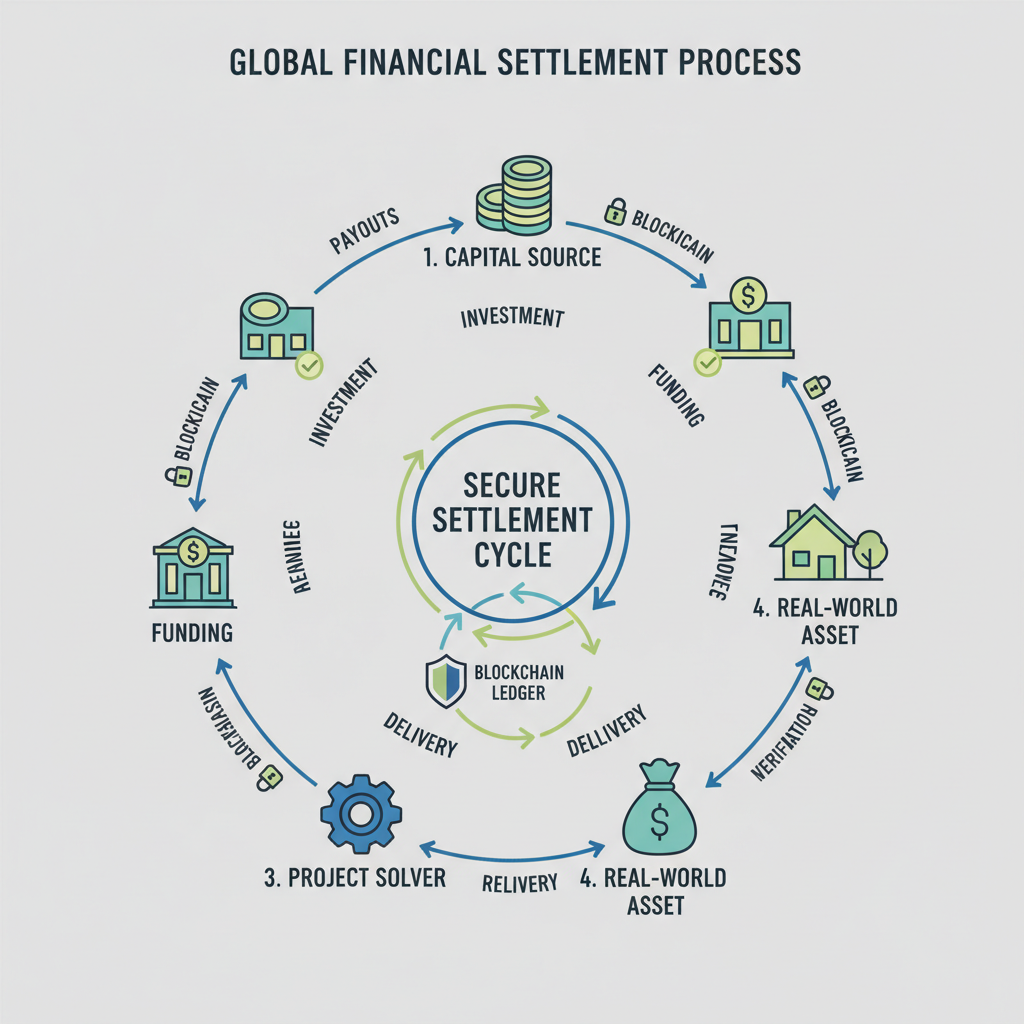 settlement process diagram, capital looping back from source to solver, secure blockchain verification icons, professional infographic style