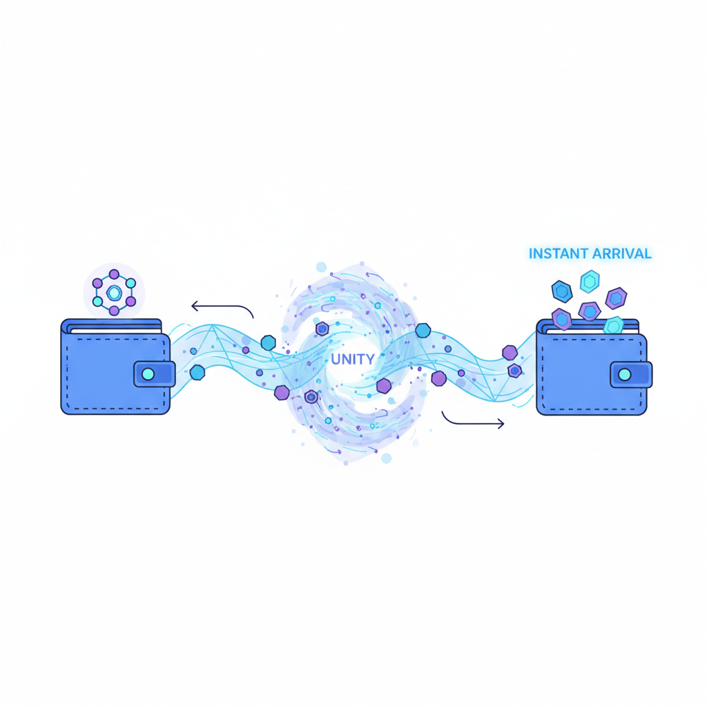 tokens instantly arriving in destination chain wallet, smooth bridge visualization dissolving into unity, ethereal blockchain abstraction, vibrant blues