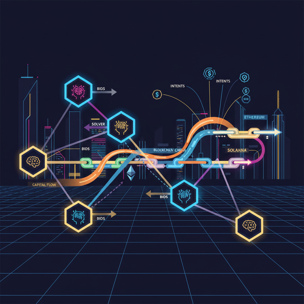 network of glowing solver nodes bidding on intents, capital flows visualized as energy beams across blockchain chains, cyberpunk style, dynamic