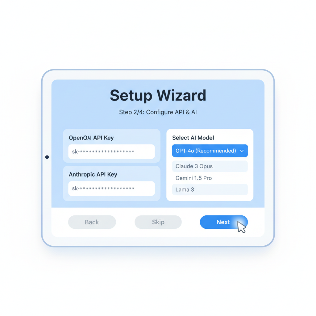 Setup wizard screen with API key fields and AI model selector