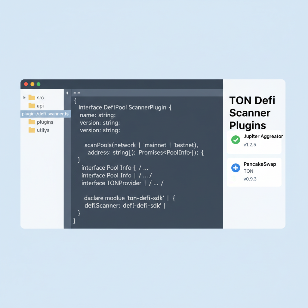TypeScript code editor showing plugin interface definition for DeFi pool scanning on TON