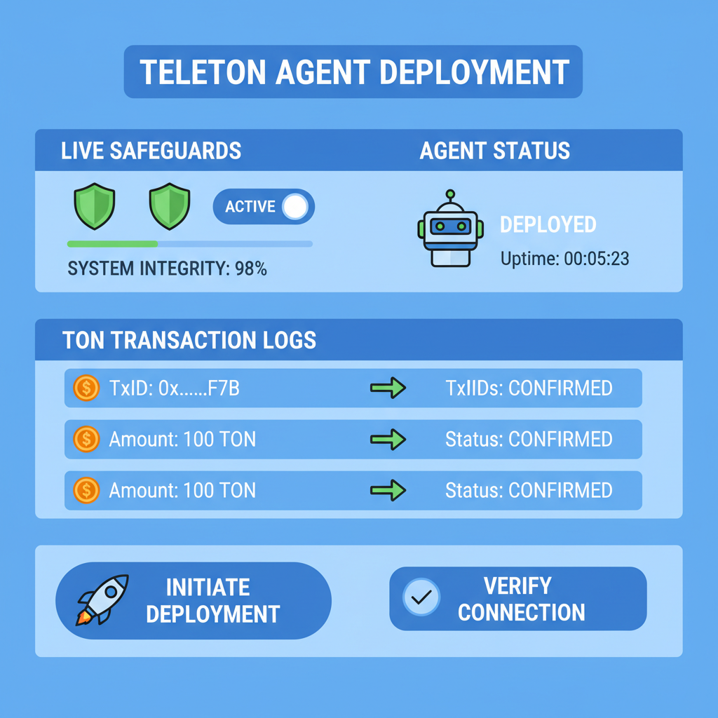 deployment dashboard for Teleton agent with live safeguards and TON transaction logs